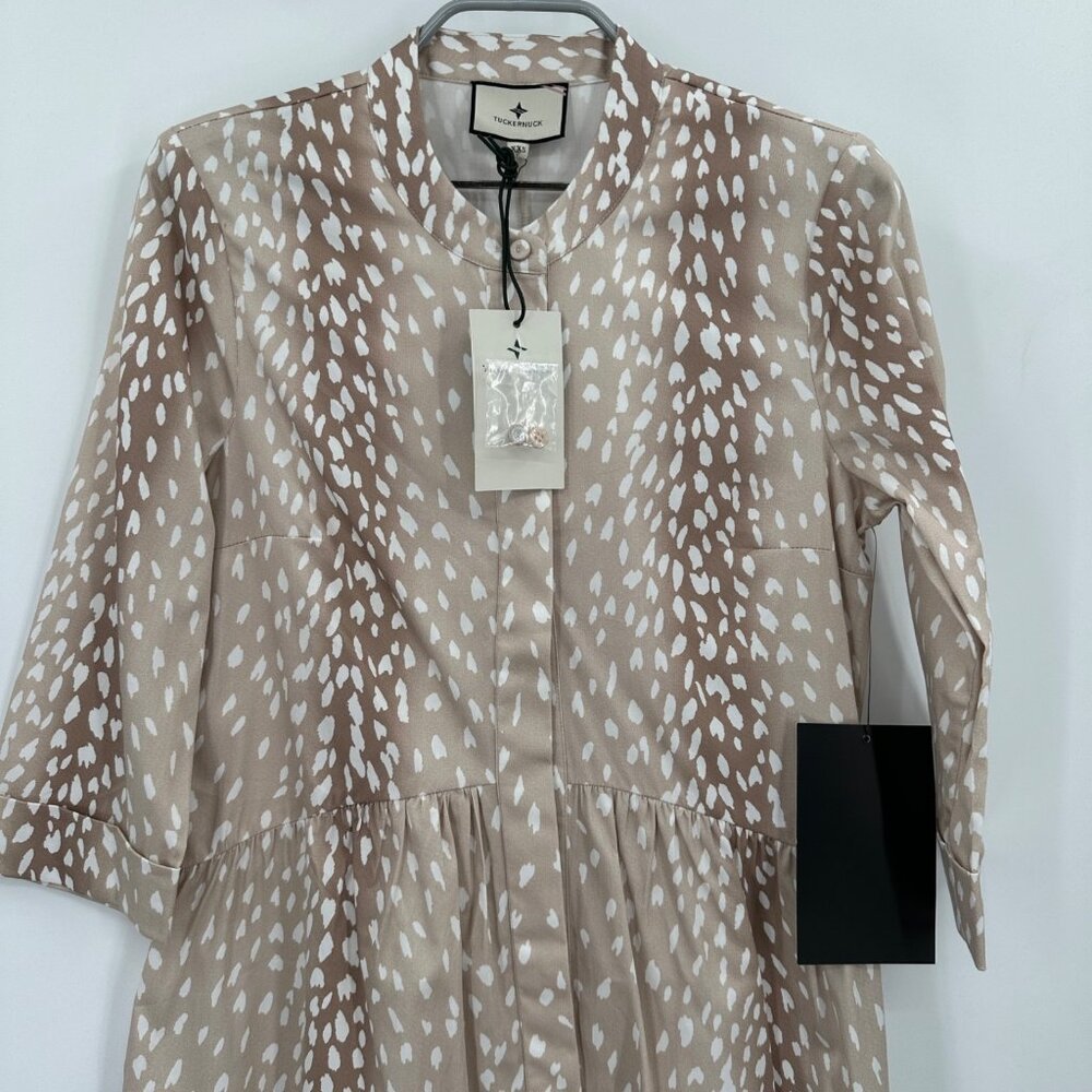 Tuckernuck Royal Shirt Dress Tan Antelope Print sz XXS Women's NWT 3/4 Sleeve - Picture 2 of 8